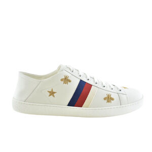 Gucci New Ace White Star Bee Gold GG Logo Flat Low Top Lace Up Tie Sneaker 42